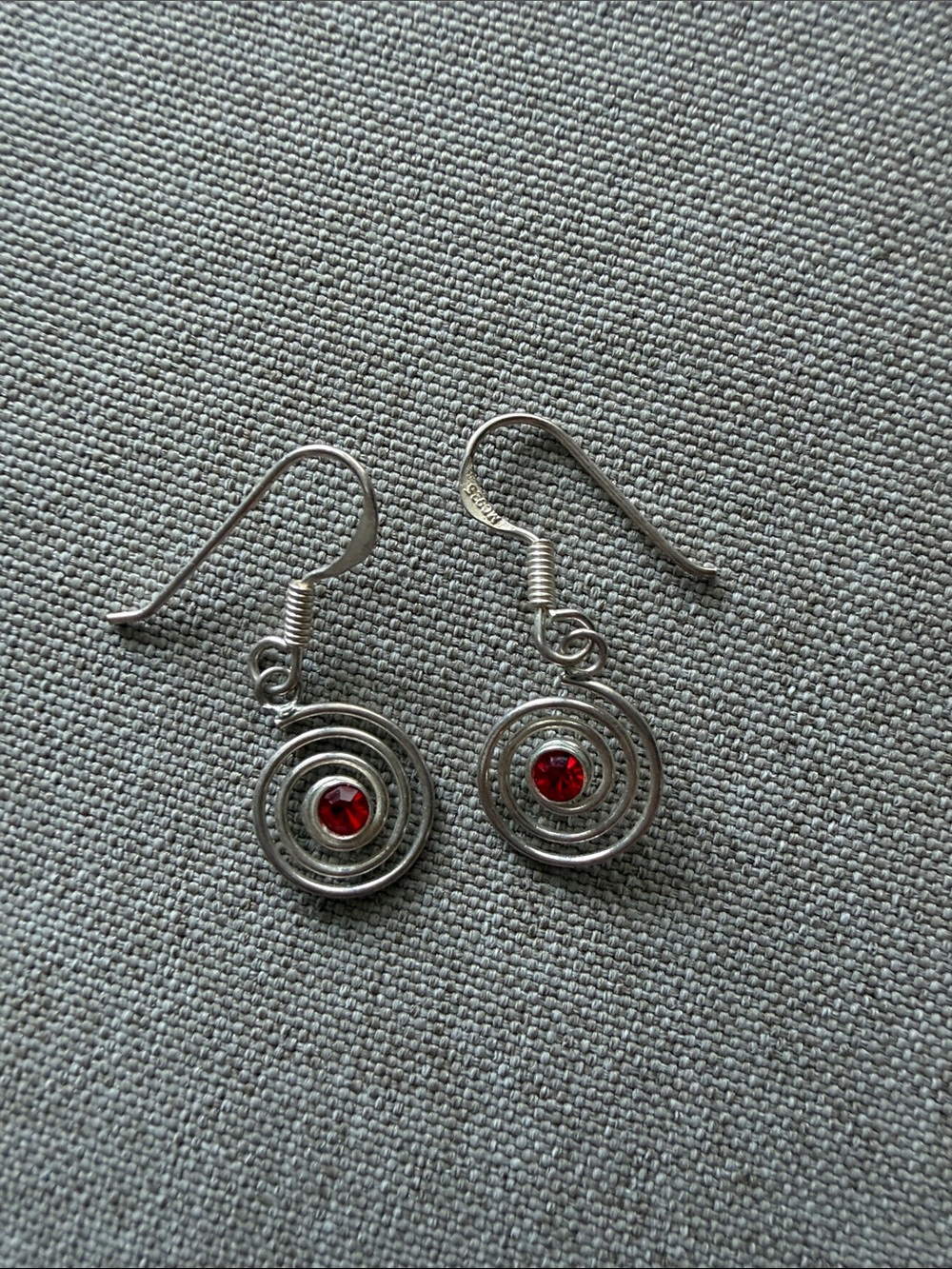 Sterling-Style Silver Spiral Drop Earrings with Red Gem